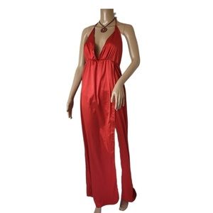 NWT Silky Red Maxi Dress High Slit Size Small